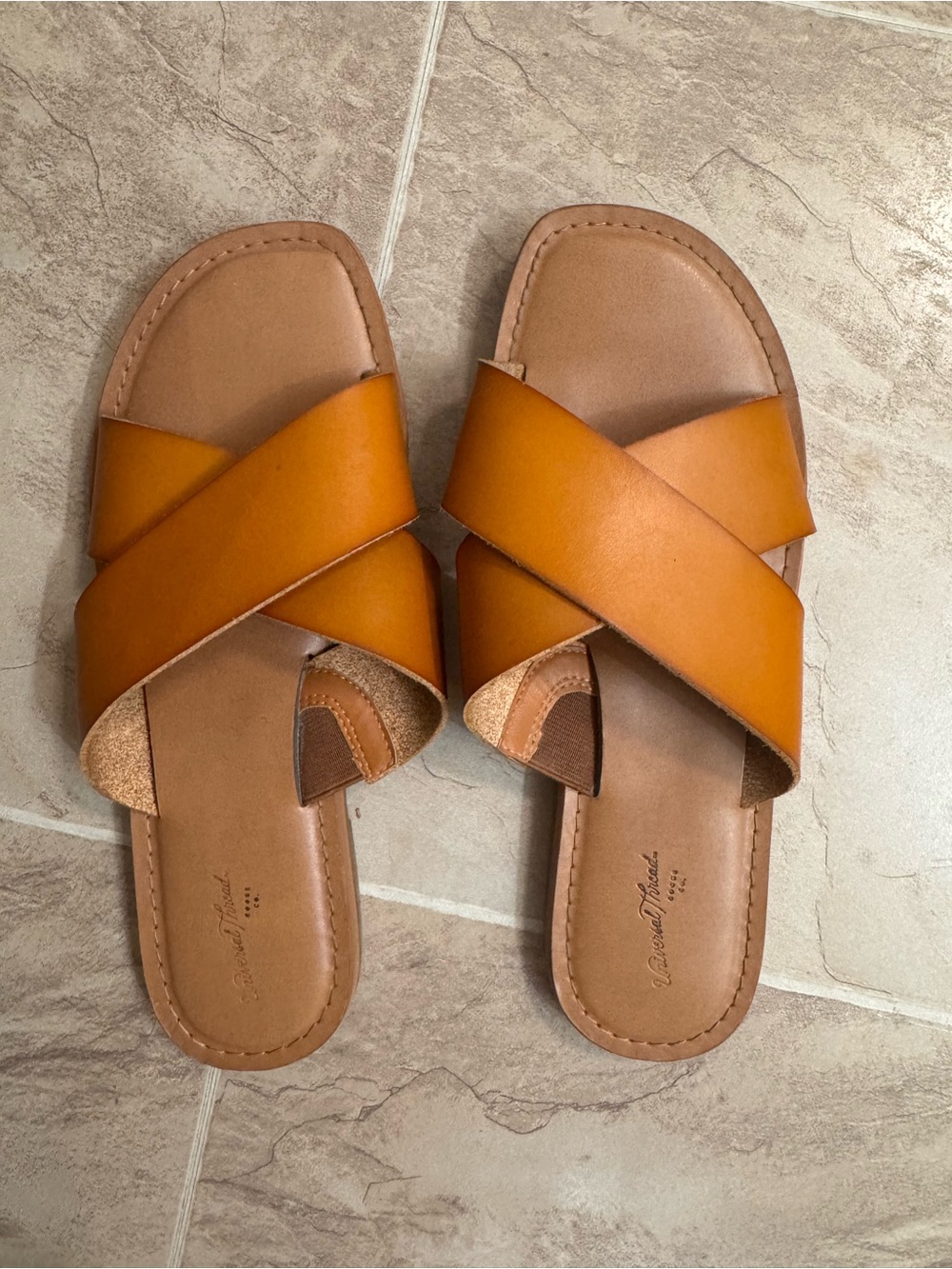 Universal Thread Tan Leather Crisscross Slide Sandals